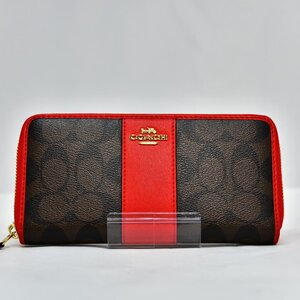 ほぼ未使用 鑑定済 コーチ COACH シグネチャー 長財布 ラウンドジップ プレゼントに最適 レディ―ス ブラウン系 即日配送 K488-17