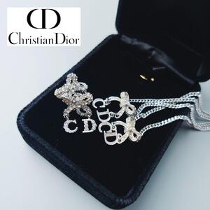 1円～ Christian Dior クリスチャンディオール アクセサリー3点 ネックレス ブレスレット ピアス ラインストーン リボン シルバー CDロゴ