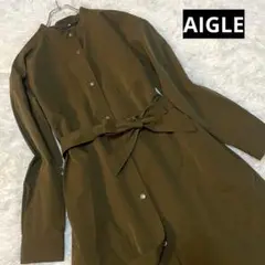 AIGLE エーグル シャツ ワンピース　ロゴボタン　オリーブグリーン リボン