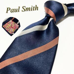 【美品】Paul Smith ポールスミス ネクタイ ストライプ柄 裏地花柄 ボタニカル シルク メンズ スーツ レジメンタル ハイブランド 高級