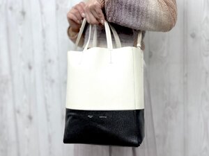 美品 CELINE セリーヌ バーティカル カバ バイカラー ハンドバッグ ショルダーバッグ バッグ レザー アイボリー×黒 2WAY 80315