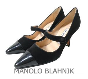 極美品 MANOLO BLAHNIK マノロブラニク 35.5 約22.5㎝ スエード エナメル ストラップ ポインテッドトゥ ピンヒール パンプス 黒 ブラック