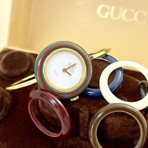 動作未確認 グッチ チェンジベゼル GUCCI ゴールド クォーツ 腕時計 箱付 ベゼル付 シェリー 希少 ジャンク