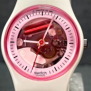 美品 SWATCH スウォッチ white Lady Restyled LW119C 腕時計 アナログ クオーツ 3針 ピンク文字盤 ラバーベルト ホワイト レディース