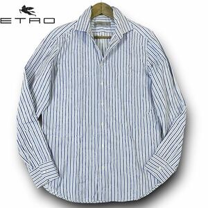 極希少 41/XL★エトロ ETRO 長袖シャツ ストライプ シャドー ペイズリー シェルボタン 刻印 リゾートシャツ ブルー ホワイト 青 白 春夏