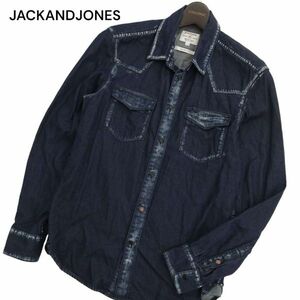 JACK AND JONES ジャック&ジョーンズ 通年 SLIM FIT 加工★ インディゴ 長袖 ウエスタン デニム シャツ Sz.S　メンズ　C4T04511_5#C