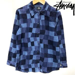 STUSSY ステューシー WOBBLY CHECK LS SHIRT ウォブリー チェック パネル コーデュロイ チェック シャツ メンズ ユニセックス M ブルー