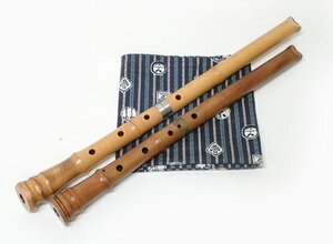 和楽器 木管楽器 尺八 2管セット　都山流（湖蝶 銘/内朱塗/中継ぎ/全長66cm）、琴古流（中継ぎ/全長58cm） 竹久夢二の風呂敷付 (管理Z)