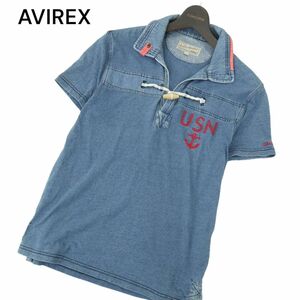 AVIREX アヴィレックス 春夏 USN 碇 刺繍★ トグルボタン USED加工 インディゴ 半袖 ポロシャツ Sz.M　メンズ　A4T06342_6#A