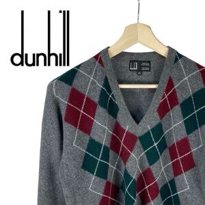 10M474◯ dunhill ダンヒル スコットランド製 チャコールグレー カシミヤ100 Vネック アーガイル ニット セーター 秋冬 紳士 メンズM