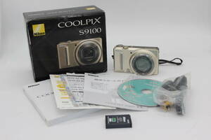【美品 返品保証】 【元箱付き】ニコン Nikon Coolpix S9100 ゴールド 18x Wide バッテリー付き コンパクトデジタルカメラ v549