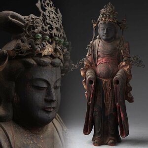 ES704 時代 古仏 截金 彩色 木造「八臂観音菩薩像」高29.5cm 重835g・木雕觀音菩薩立像・仏像 佛像 仏教美術