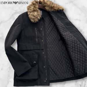 圧倒的存在感!!!希少XL位◎エンポリオ アルマーニ EMPORIO ARMANI Wジップ ジャケット 襟ファー着脱可 キルティング ブルゾン ブラック 50