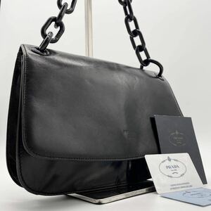 【極希少】PRADA プラダ プラスチックチェーン アクセサリーポーチ ショルダーバッグ 黒 ブラック 山羊革 レザー フラップ ビンテージ