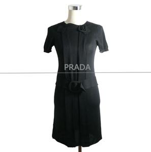 美品 PRADA プラダ サイズ36 シルクミックス 背中ボタン 薄手 半袖 膝丈 ニットワンピース シャツワンピース 黒 ブラック