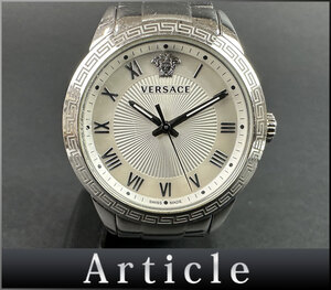 201541◆動作確認済 VERSACE ヴェルサーチ メンズウォッチ 腕時計 クォーツ 3針 ラウンド シェル SS ホワイト シルバー/ D