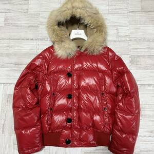 新品同様 MONCLER モンクレール BULGARIE ブルガリ ダウンジャケット アウター 赤 レッド フード ファー ロゴパッチ サイズ0 S相当