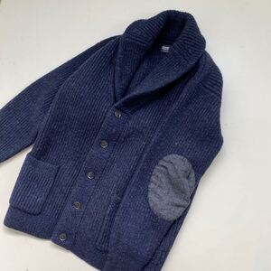 ★ BEAMS HEART 品良く格上げするショールカラー ニットブルゾン 紺 L ◆ ウール エルボーパッチ カーディガン ビームス ◆W10 こD3MH-02