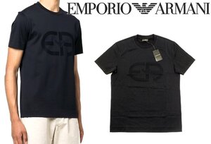 4万新品◆M◆EMPORIO アルマーニ イーグルモチーフEA同色ロゴ ストレッチコットン クルーネックシンプルTシャツ 紺 1円