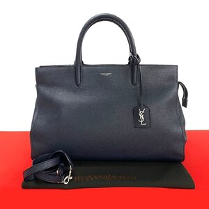 極 美品 SAINT LAURENT PARIS サンローランパリ リヴ ゴーシュ YSL ロゴ金具 レザー 本革 2way ハンドバッグ ショルダーバッグ 紺 25376