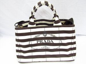 1円スタート PRADA CANAPA プラダ カナパ ショルダーバッグ ハンドバッグ ボーダー ブラウン 1スタ 中古品 ◆1400