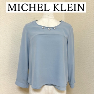 MICHEL KLEIN ミッシェルクラン 接触冷感 レディース ブラウス ビジュー付き プルオーバーブラウス ブルー 38号