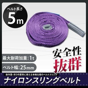 【本格】ナイロンスリングベルト 5m 幅25mm 荷重1000kg 1t ベルトスリング 玉掛け 吊上げ ロープ 牽引 運搬 移動 安全性抜群!!