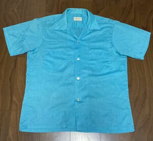 60s USA製 PENNLEIGH オープンカラー半袖シャツ Mサイズ ビンテージ ターコイズ サックス