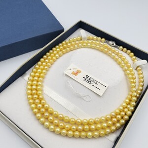 【テリ抜群!!】アコヤ あこや ゴールデン ロング パール ネックレス 6.5mm〜7mm 130cm SILVER 刻印 85.3g 本真珠 pearl jewelry necklace