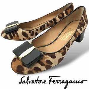 p205 良品 Salvatore Ferragamo サルヴァトーレフェラガモ ハラコレザー パンプス レオパード 8.5 ローファー フォーマル リボン 正規品