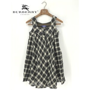 A8649/極美品 春夏 BURBERRY BLUE LABEL バーバリー ウール ノースリーブ チェック フレア ミニ ワンピース チュニックS程 36緑 レディース