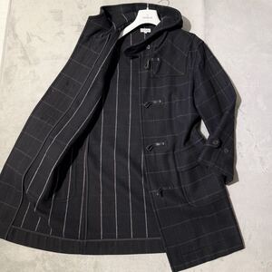 Lサイズ★Paul Smith ポールスミス ダッフルコート フード ロング丈 ウール ウィンドウペン 黒 ブラック 裏地ストライプ メンズ 水牛トグル