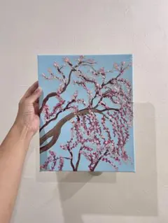 アクリル画 キャンバス 枝垂れ桜 テクスチャーアート 青空