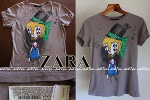 ZARA　プリント　Tシャツ　レディース　M　ザラ　シュール　女の子　金髪　人形　ドール　シルクハット　グレー　グレージュ　カットソー