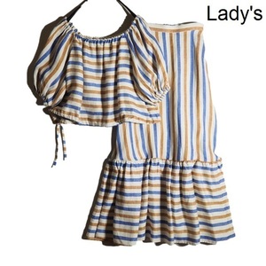 H5529P　▼MYLAN マイラン▼　リネンブラウス マキシスカート セットアップ Striped Linen Volume Sleeve Blouse Tiered Skirt 春夏 rb mks