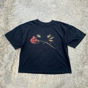 【S】猫×薔薇 アニマルプリントTシャツ ブラック 黒■ビンテージ オールド レトロ アメリカ古着 シングルステッチ キャット