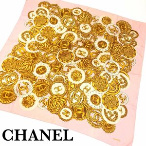 CHANEL シャネル ココマーク ロゴ チェーン スカーフ 大判 シルク コイン柄 ピンク/ゴールド CC 正規品 訳有 1000円スタート 最落無