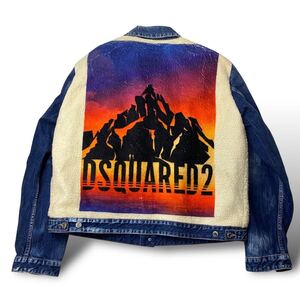 【未使用級 L相当】DSQUARED2 ディースクエアード バックロゴ デニムジャケット ジージャン ブルゾン インディゴ ボア 切替 ダメージ加工