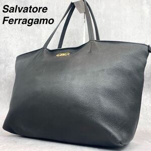 極美品 A4◎ Salvatore Ferragamo サルヴァトーレフェラガ トートバッグ メンズ ダブル ガンチーニ レザー 本革 ブラック 黒 PC◎ 大容量