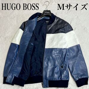 希少 HUGO BOSS シングルレザージャケット ライダース ボーダー 本革 ヒューゴボス