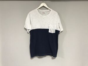 本物ハリウッドランチマーケットHRMコットンスラブ切り替え柄ポケット半袖Tシャツメンズサーフワークアメカジミリタリー2M日本製白紺