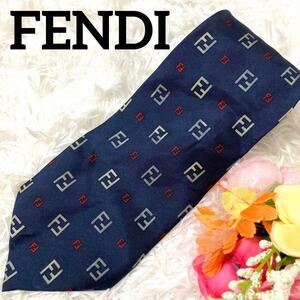 【世界高級ブランド】FENDI フェンディ　ジャガードネクタイ　総柄 ネイビー　ブルー