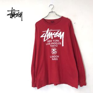 1I2805-N◆ stussy ステューシー 長袖Tシャツ カットソー ロゴ プリント 大きめ ◆ sizeL レッド 赤 コットン100