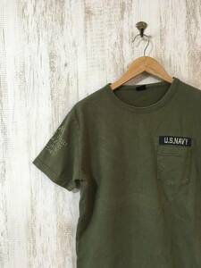 910☆【U.S NAVY ミリタリー ポケットTシャツ】AVIREX アヴィレックス カーキ M