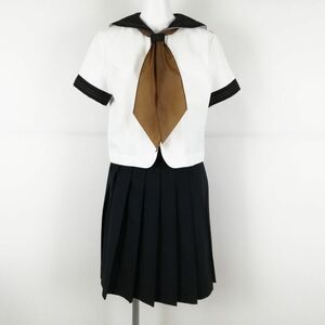 1円 セーラー服 スカート 上下3点セット L オリーブデオリーブ 夏物 茶2本線 広島修道大学附属鈴峯女子高校 白 中古 ランクC NA6400