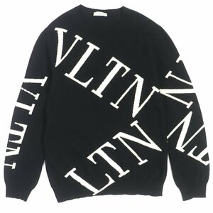 良品▼VALENTINO ヴァレンティノ SV3KC04F5G0 ウール カシミヤ VLTNロゴ柄 クルーネック ニット ブラック ホワイト S イタリア製 正規品