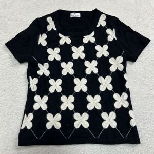 【カシミヤ100%】Courrges クレージュ 半袖ニットセーター 花柄ニットセーター カシミヤニット 繊維の宝石 高級 レディース 11号M〜L相当