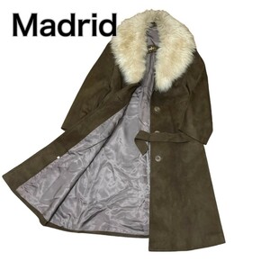 Madrid マドリード レザー ロングコート ファーつきスエード ブラウン ベルト付き40 Lスペイン製 商品番号4