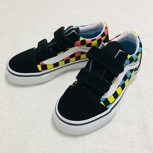 VANS オールドスクール ブラック マルチ チェック 21cm 3K バンズ old skool v ベルクロ マジックテープ 蛍光 日本22.5cm相当