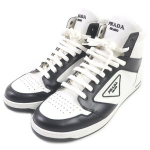 美品□PRADA プラダ 2TE182 トライアングルロゴ レースアップ レザー ハイカットスニーカー ホワイト ブラック 10 イタリア製 メンズ